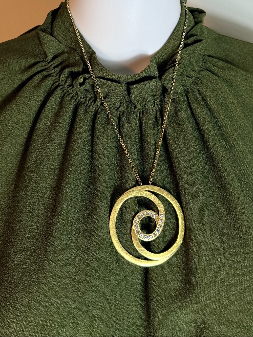 Gold Tone Textured Spiral Rhinestone Statement Pendant Necklace